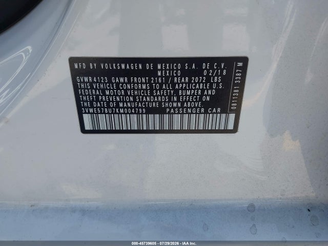 45739605 :رقم المزاد ، 3VWE57BU7KM004799 vin ، 2019 Volkswagen Jetta 1.4t Sel مزاد بيع