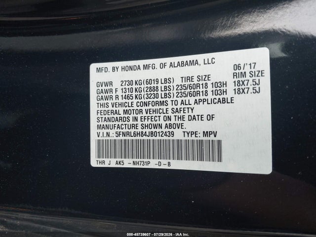 Продажа на аукционе авто 2018 Honda Odyssey Touring, vin: 5FNRL6H84JB012439, номер лота: 45739607