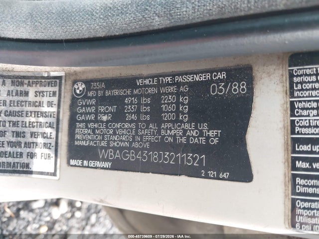 Продаж на аукціоні авто 1988 Bmw 735 I Automatic, vin: WBAGB4318J3211321, номер лоту: 45739609