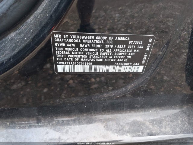 2013 Volkswagen Passat 2.5l S მანქანა იყიდება აუქციონზე, vin: 1VWAP7A31DC013908, აუქციონის ნომერი: 45739617