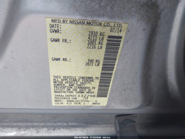 Aukcja sprzedaży 2015 Nissan Altima 2.5 S, vin: 1N4AL3APXFC132298, numer aukcji: 45739628