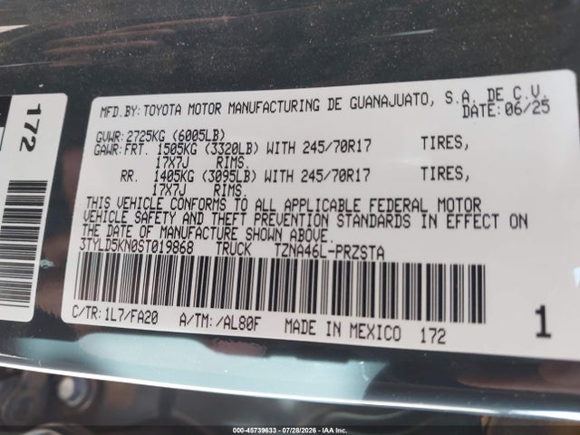 Aukcja sprzedaży 2025 Toyota Tacoma Sr, vin: 3TYLD5KN0ST019868, numer aukcji: 45739633