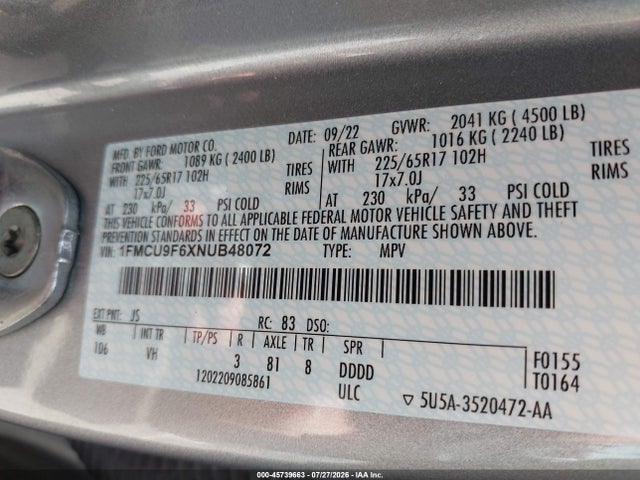 Ford ESCAPE S 2022 1FMCU9F6XNUB48072 Image 9