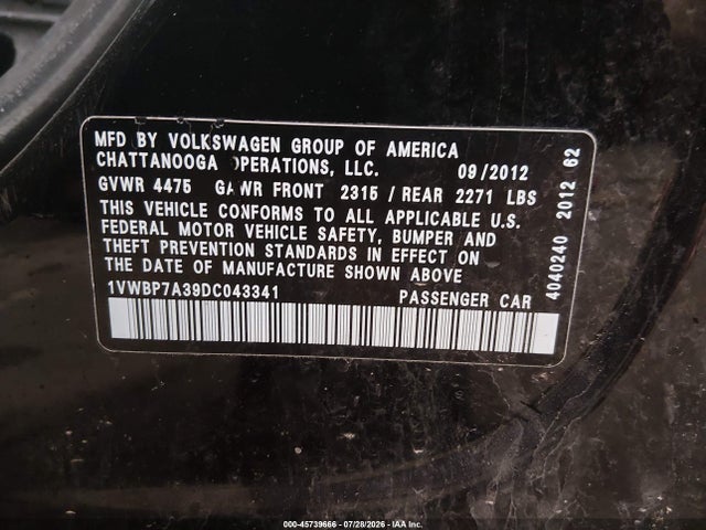 Продаж на аукціоні авто 2013 Volkswagen Passat 2.5l Se, vin: 1VWBP7A39DC043341, номер лоту: 45739666