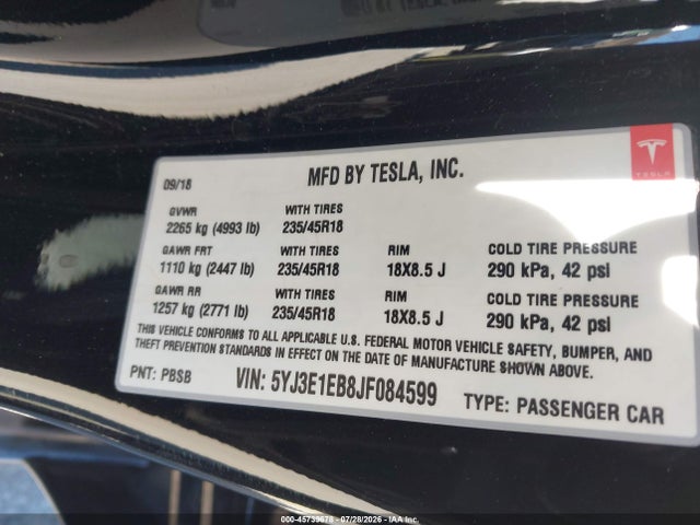 Tesla Model 3 Long Range/performance 2018 5YJ3E1EB8JF084599 Image 9