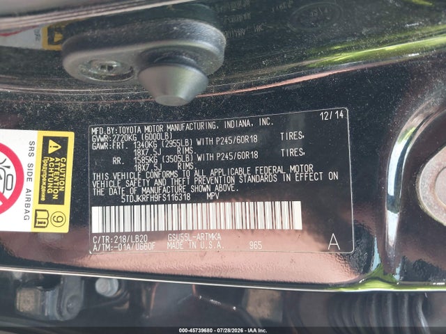 Toyota Highlander Xle V6 2015 5TDJKRFH9FS116318 Image 9