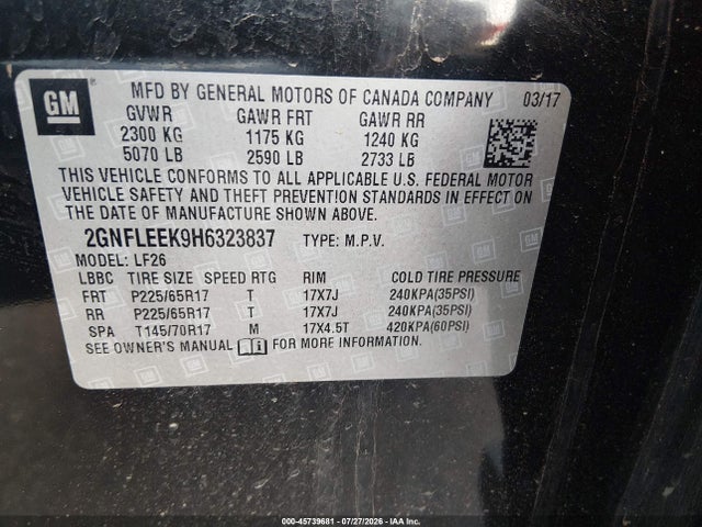 Aukcja sprzedaży 2017 Chevrolet Equinox Ls, vin: 2GNFLEEK9H6323837, numer aukcji: 45739681