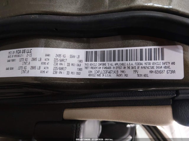 2015 Jeep Cherokee Latitude მანქანა იყიდება აუქციონზე, vin: 1C4PJLCS3FW671419, აუქციონის ნომერი: 45739699