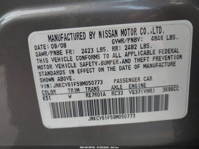 Aukcja sprzedaży 2009 Infiniti G37x, vin: JNKCV61F59M050773, numer aukcji: 45739700