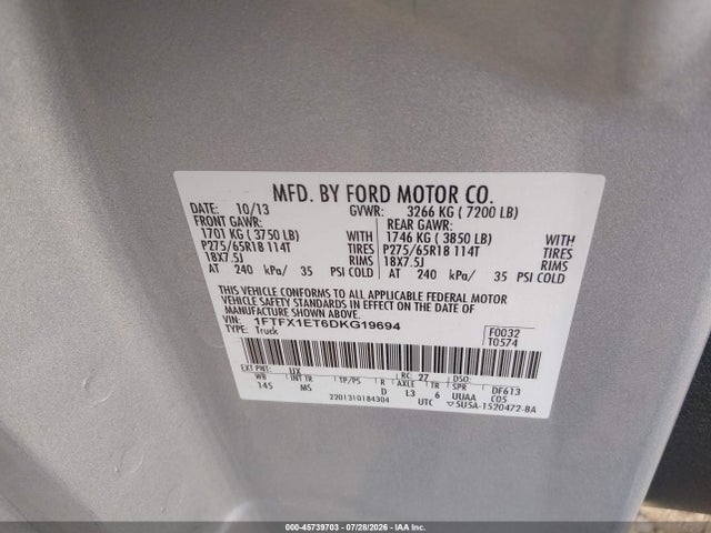 45739703 :رقم المزاد ، 1FTFX1ET6DKG19694 vin ، 2013 Ford F-150 Xlt مزاد بيع