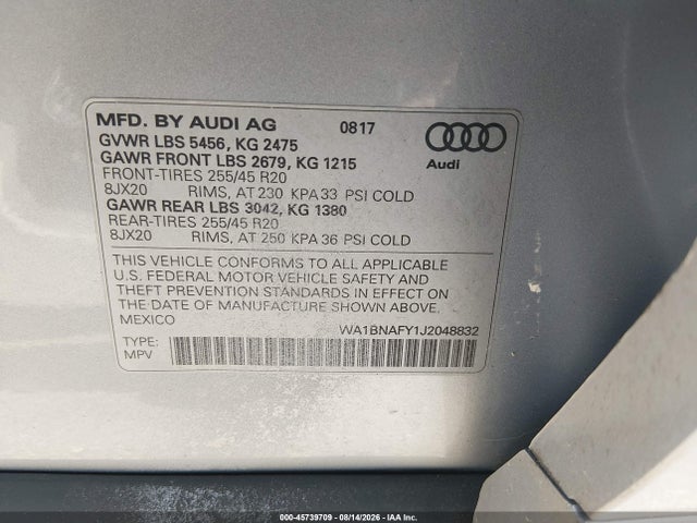 Продажа на аукционе авто 2018 Audi Q5 2.0t Premium/2.0t Tech Premium, vin: WA1BNAFY1J2048832, номер лота: 45739709