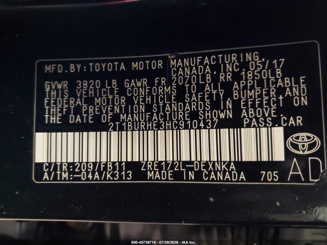 Aukcja sprzedaży 2017 Toyota Corolla Le, vin: 2T1BURHE3HC910437, numer aukcji: 45739710