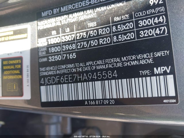 45739714 :رقم المزاد ، 4JGDF6EE7HA945584 vin ، 2017 Mercedes-benz Gls 450 4matic مزاد بيع