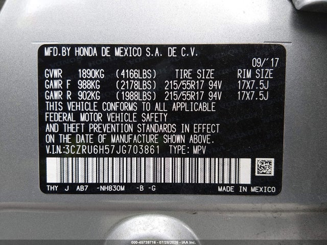 3CZRU6H57JG703861 Honda HR-V EX