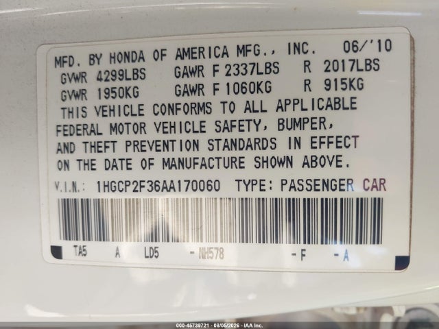 Aukcja sprzedaży 2010 Honda Accord 2.4 Lx, vin: 1HGCP2F36AA170060, numer aukcji: 45739721