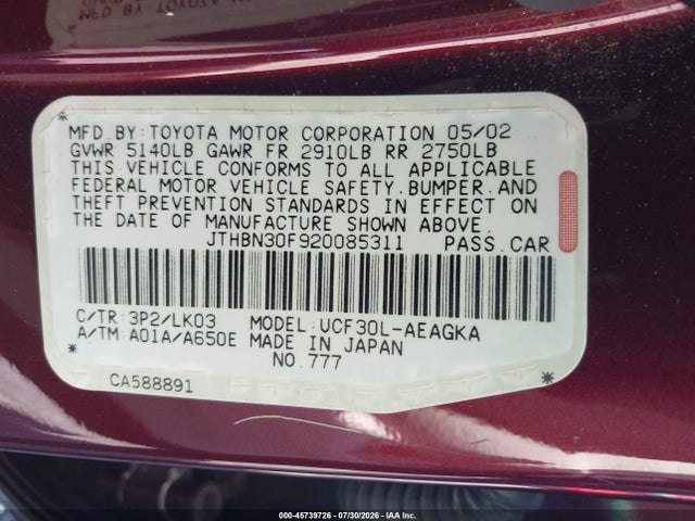 Продаж на аукціоні авто 2002 Lexus Ls 430, vin: JTHBN30F920085311, номер лоту: 45739726