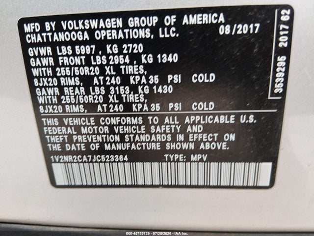 1V2NR2CA7JC523364 Volkswagen Atlas 3.6l V6 Sel Premium