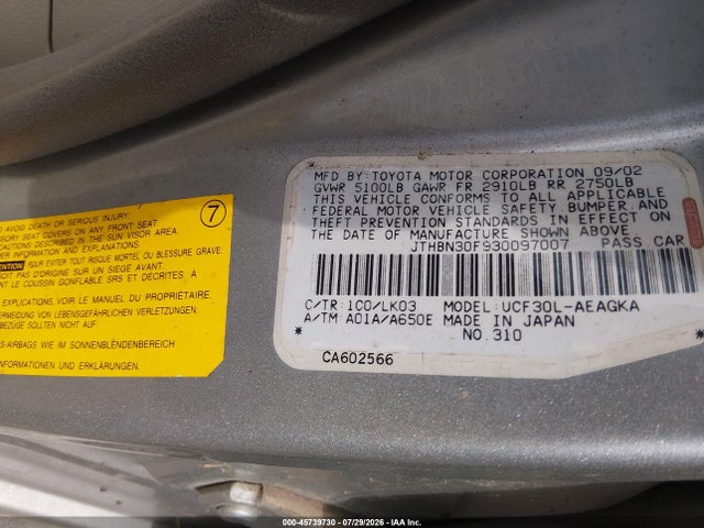 Aukcja sprzedaży 2003 Lexus Ls 430, vin: JTHBN30F930097007, numer aukcji: 45739730