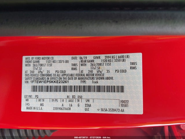 45739731 :رقم المزاد ، 1FTEW1EP5KKE23261 vin ، 2019 Ford F-150 Xlt مزاد بيع