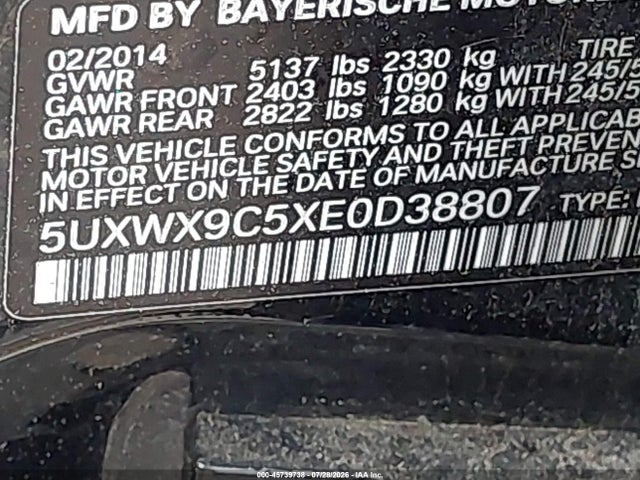 45739738 :رقم المزاد ، 5UXWX9C5XE0D38807 vin ، 2014 Bmw X3 Xdrive28i مزاد بيع