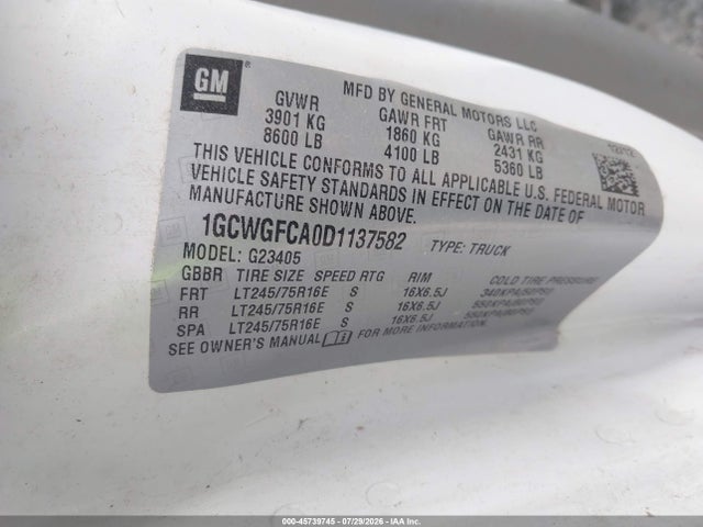 Aukcja sprzedaży 2013 Chevrolet Express 2500 Work Van, vin: 1GCWGFCA0D1137582, numer aukcji: 45739745