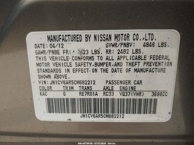 Aukcja sprzedaży 2012 Infiniti G37x, vin: JN1CV6AR5CM682212, numer aukcji: 45739749