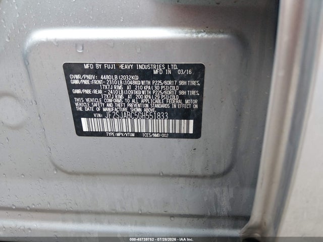 Aukcja sprzedaży 2016 Subaru Forester 2.5i, vin: JF2SJABC5GH551833, numer aukcji: 45739752