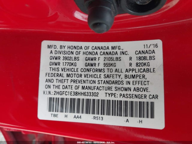 2HGFC1E38HH633302 Honda Civic Ex-t