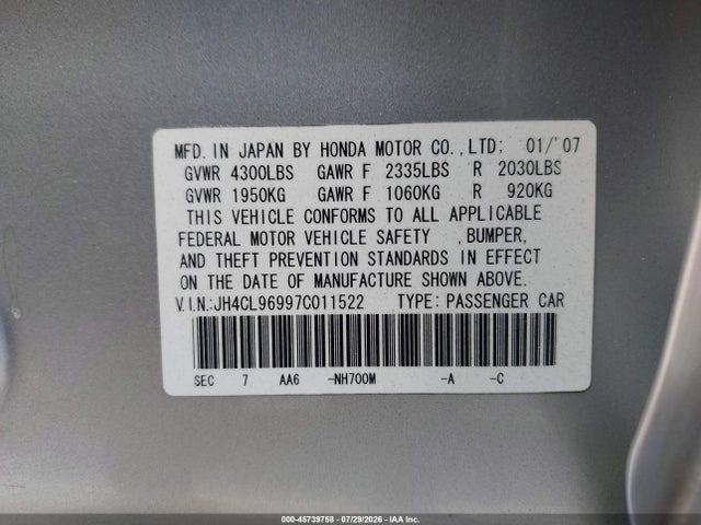 Aukcja sprzedaży 2007 Acura Tsx, vin: JH4CL96997C011522, numer aukcji: 45739758