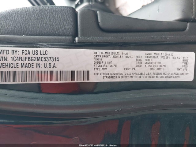 2021 Jeep Grand Cherokee Limited 4x4 მანქანა იყიდება აუქციონზე, vin: 1C4RJFBG2MC537314, აუქციონის ნომერი: 45739767