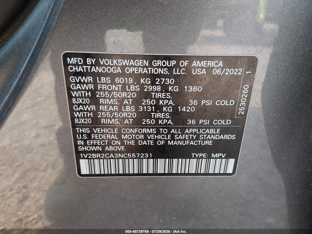 45739769 :رقم المزاد ، 1V2BR2CA3NC557231 vin ، 2022 Volkswagen Atlas 3.6l V6 Sel مزاد بيع