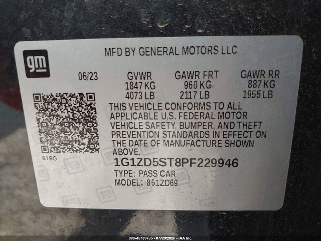 Продаж на аукціоні авто 2023 Chevrolet Malibu Fwd 1lt, vin: 1G1ZD5ST8PF229946, номер лоту: 45739785
