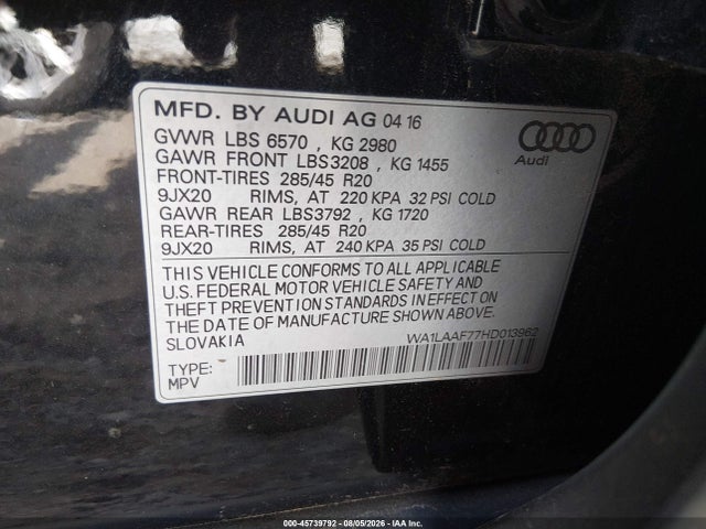 2017 Audi Q7 3.0t Premium მანქანა იყიდება აუქციონზე, vin: WA1LAAF77HD013962, აუქციონის ნომერი: 45739792