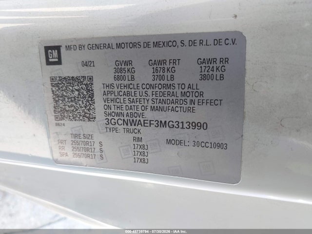 Продажа на аукционе авто 2021 Chevrolet Silverado 1500 2wd  Long Bed Wt, vin: 3GCNWAEF3MG313990, номер лота: 45739794