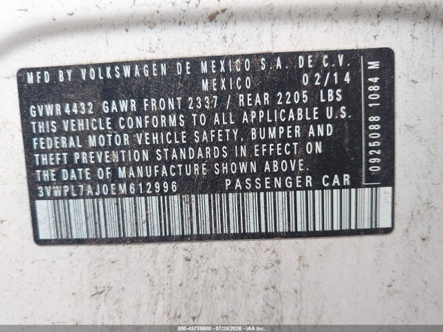 45739800 :رقم المزاد ، 3VWPL7AJ0EM612996 vin ، 2014 Volkswagen Jetta Sportwagen 2.0l Tdi مزاد بيع