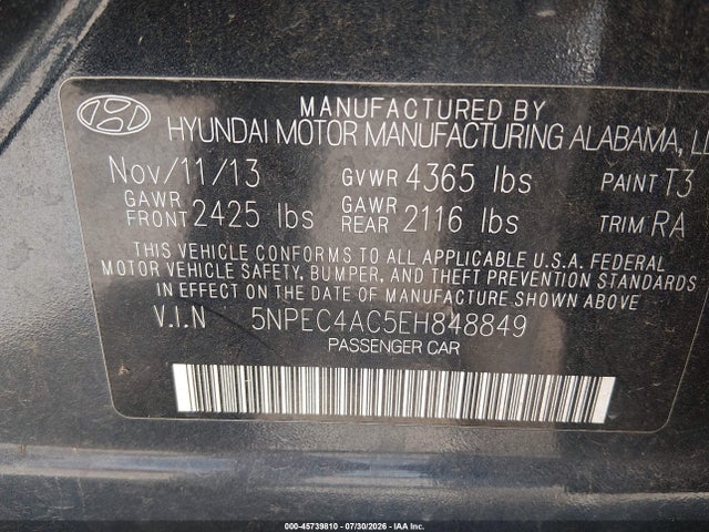 Aukcja sprzedaży 2014 Hyundai Sonata Se, vin: 5NPEC4AC5EH848849, numer aukcji: 45739810