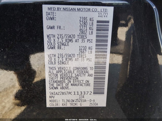 45739816 :رقم المزاد ، 5N1AZ2BS7PC113372 vin ، 2023 Nissan Murano Sv Intelligent Awd مزاد بيع