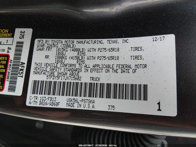 45739817 :رقم المزاد ، 5TFDY5F17JX715602 vin ، 2018 Toyota Tundra Sr5 5.7l V8 مزاد بيع