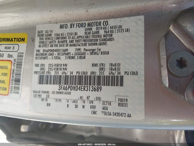 Продажа на аукционе авто 2014 Ford Fusion Se, vin: 3FA6P0HD4ER313689, номер лота: 45739822
