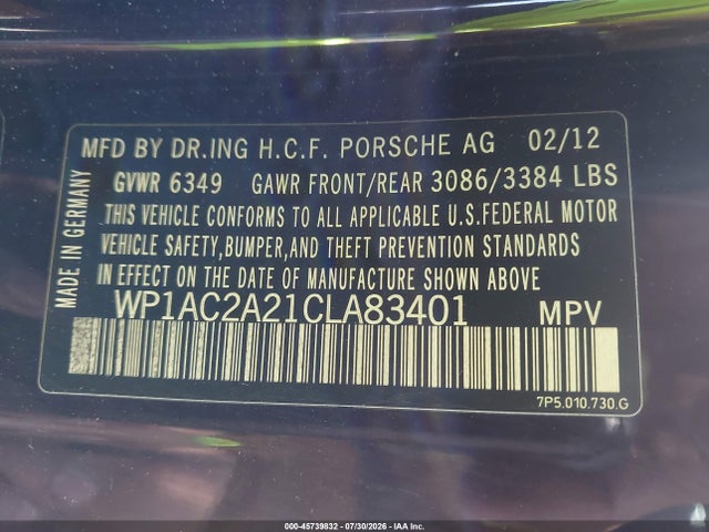 Продажа на аукционе авто 2012 Porsche Cayenne Turbo, vin: WP1AC2A21CLA83401, номер лота: 45739832