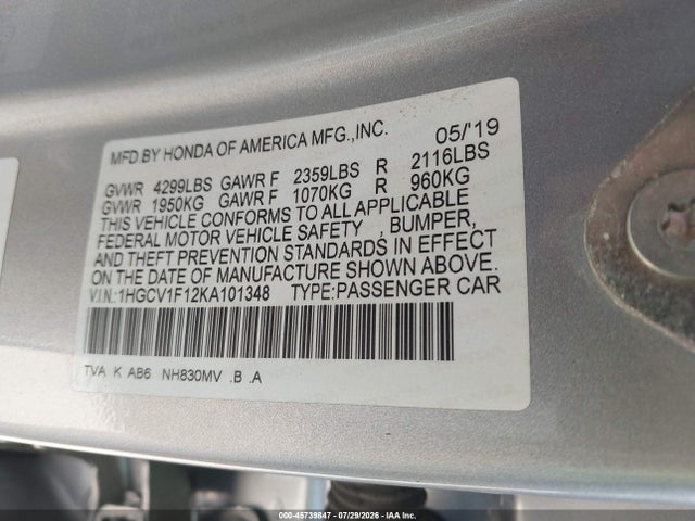 Продаж на аукціоні авто 2019 Honda Accord Lx, vin: 1HGCV1F12KA101348, номер лоту: 45739847