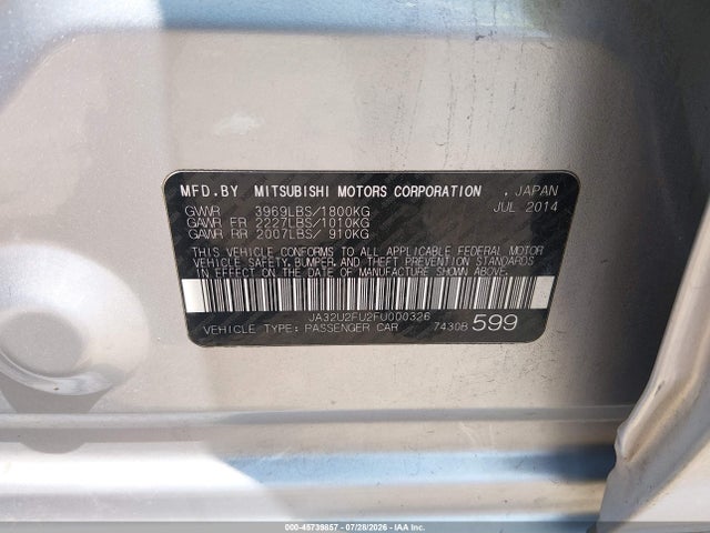 45739857 :رقم المزاد ، JA32U2FU2FU000326 vin ، 2015 Mitsubishi Lancer Es مزاد بيع