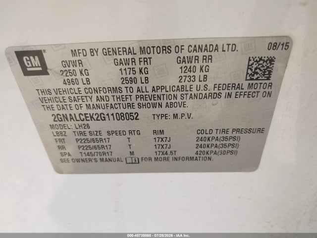 Aukcja sprzedaży 2016 Chevrolet Equinox Lt, vin: 2GNALCEK2G1108052, numer aukcji: 45739860