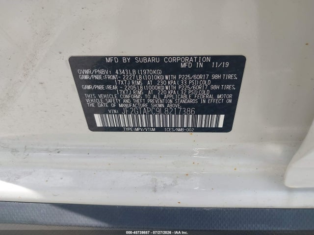 2020 Subaru Crosstrek Premium მანქანა იყიდება აუქციონზე, vin: JF2GTAPC9L8217386, აუქციონის ნომერი: 45739887