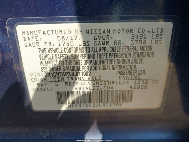 3N1CN7AP3JL811902 Nissan Versa 1.6 Sv