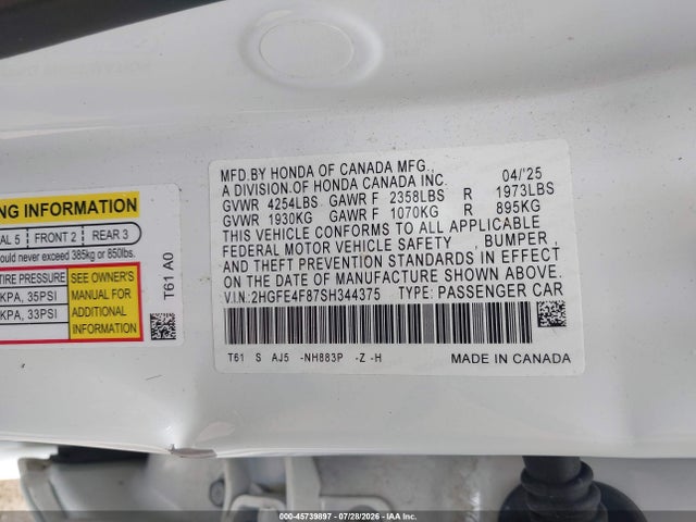 Продажа на аукционе авто 2025 Honda Civic Hybrid Sport/sport Touring, vin: 2HGFE4F87SH344375, номер лота: 45739897