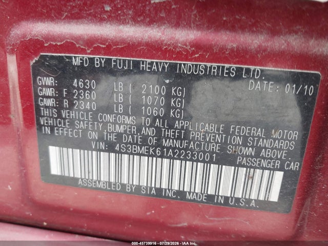 Продаж на аукціоні авто 2010 Subaru Legacy 3.6r Limited, vin: 4S3BMEK61A2233001, номер лоту: 45739916