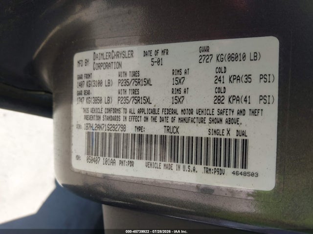 Продажа на аукционе авто 2001 Dodge Dakota Slt/sport, vin: 1B7HL2AN71S292798, номер лота: 45739922
