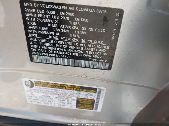 2016 Volkswagen Touareg Tdi Sport W/technology მანქანა იყიდება აუქციონზე, vin: WVGEP9BPXGD004796, აუქციონის ნომერი: 45739924