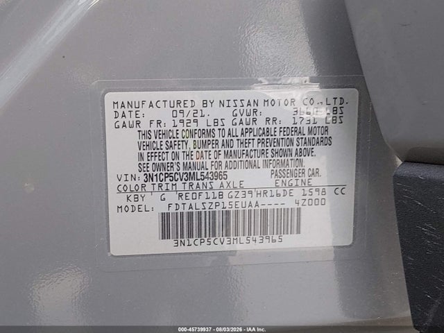 Продажа на аукционе авто 2021 Nissan Kicks Sv Xtronic Cvt, vin: 3N1CP5CV3ML543965, номер лота: 45739937